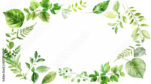 Exquisite watercolor leaf border on white canvas - An artistic leaf border painted with watercolors, showcasing an array of greenery with a fresh and delicate touch