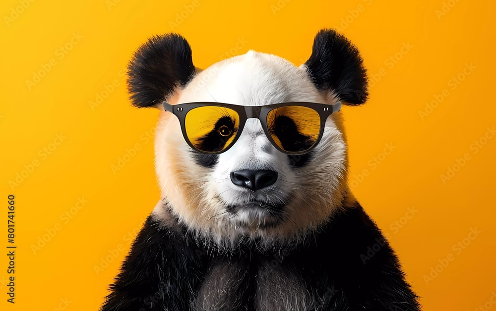 Creative animal concept. Panda with sunglasses isolated on pastel yellow background.
