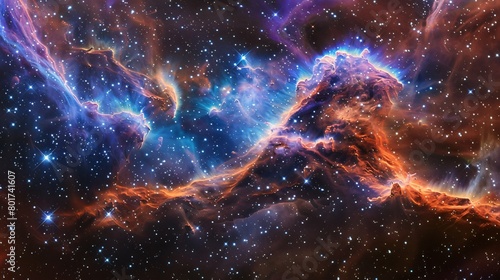 Cosmic Dust Cloud, A vibrant explosion of colorful particles fills the sky, resembling a cosmic nebula, as blues, purples, and reds merge into a celestial tapestry, embodying the universe's vastness a