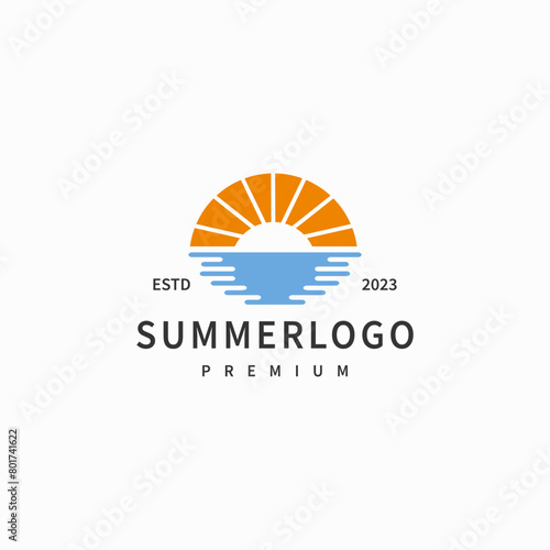 Summer beach vintage logo design with waves and summer sun rays illustration 3