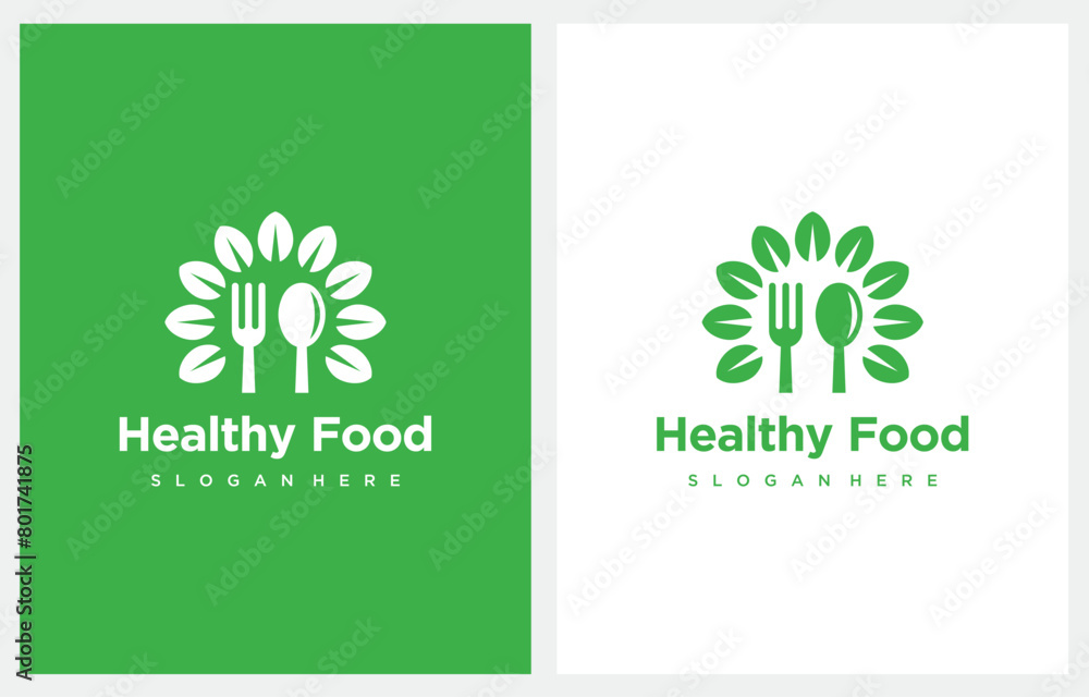 Healthy Food Fork Spoon Leaf logo design icon vector
