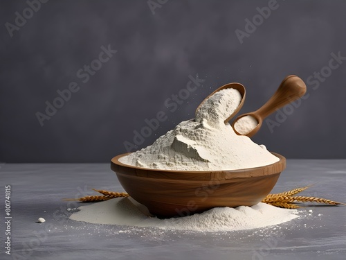 A wooden bowl filled with a heaping pile of nutritious wheat flour with some flour scattered on the table and gray background
 photo