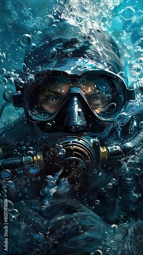diver underwater deep blue movement