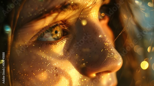 Closeup on a girl s eye with glitter and yellow bokeh effect