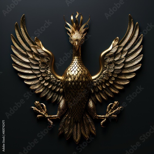 dark gold metal phoenix on a black background 