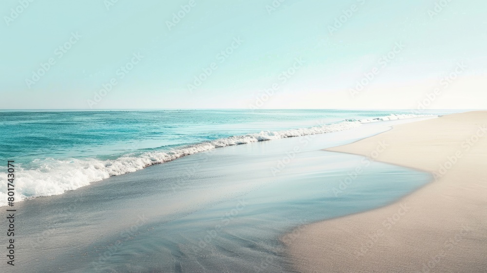 A serene landscape featuring a coastal beach with crystal clear water, waves gently rolling in under a sunny sky dotted with fluffy clouds, creating a picturesque horizon AIG50