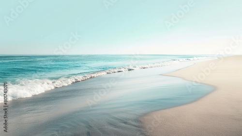 A serene landscape featuring a coastal beach with crystal clear water, waves gently rolling in under a sunny sky dotted with fluffy clouds, creating a picturesque horizon AIG50 © Summit Art Creations