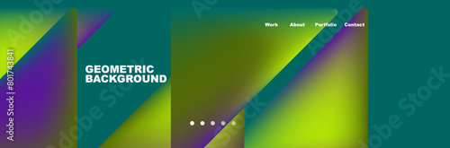 A colorful geometric background featuring green, purple, and electric blue lines resembling a rainbow. The design includes rectangles, circles, and slopes, reminiscent of macro photography details