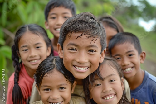 Group of happy asian children smiling and looking at the camera. © Iigo