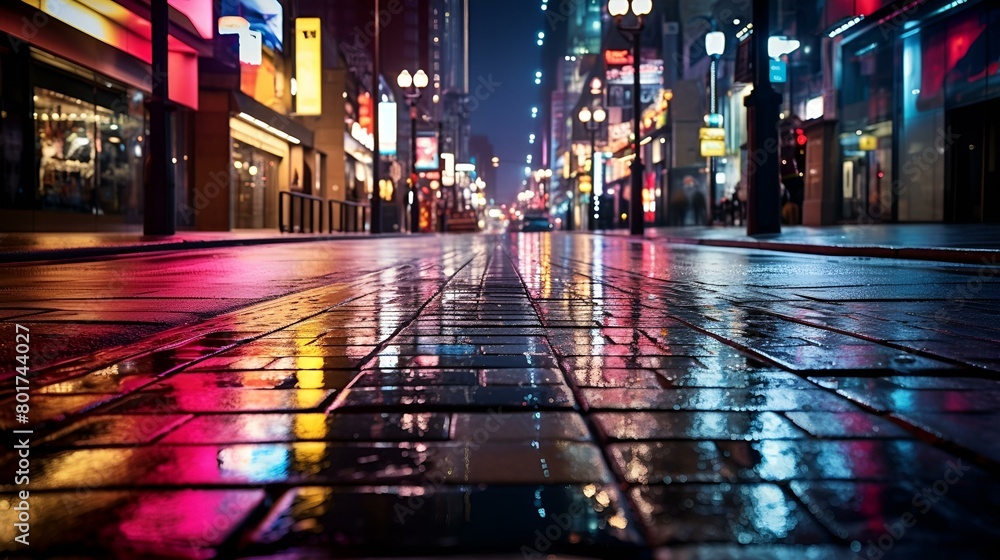 A nocturnal cityscape with neon lights illuminating the streets
