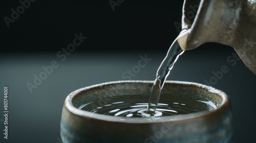 Pouring Sake into a Traditional Japanese Ochoko Cup Closeup © TY