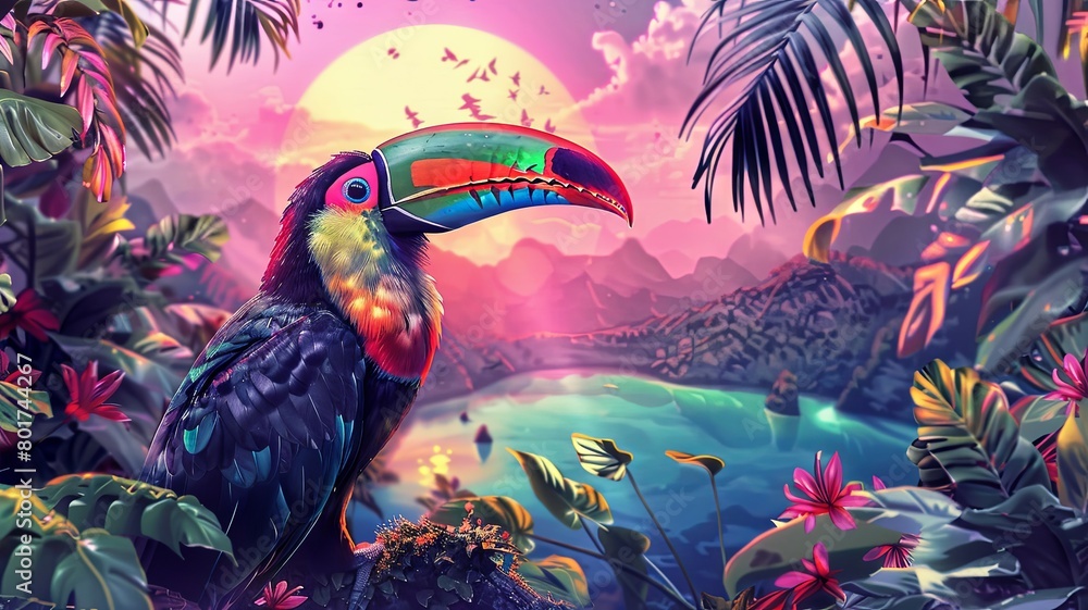 Fototapeta premium Vibrant toucan in a surreal tropical setting - Vivid and colorful digital art illustration of a toucan amid a surreal, dreamlike tropical landscape