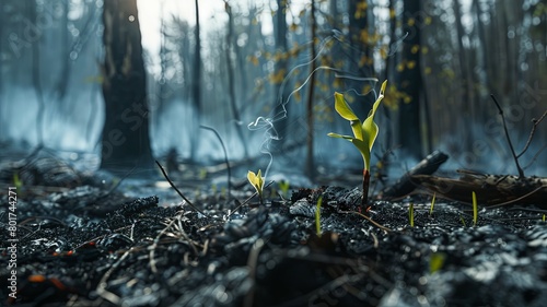 Sprouts rising from the ashes of a scorched forest - Young plants boldly spring up from the ashen soil of a recently fire-ravaged forest, emphasizing nature's unyielding spirit photo