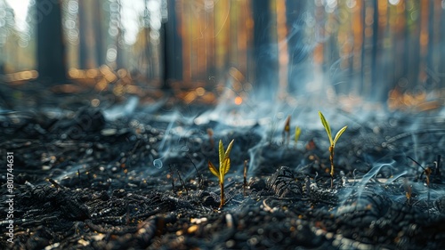 New life emerges in a burnt forest landscape - In this captivating scene, fresh shoots emerge from the charred remains of a forest, symbolizing hope and rebirth amidst devastation photo
