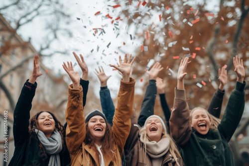 Group of happy young women throwing confetti in the air outdoors.