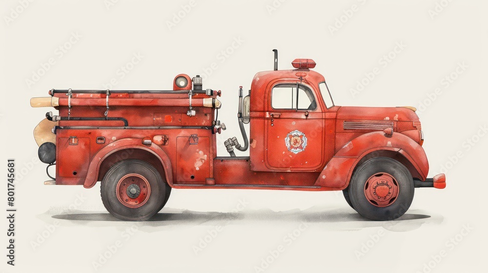 old dirty fire truck on white background old dirty fire truck on white background