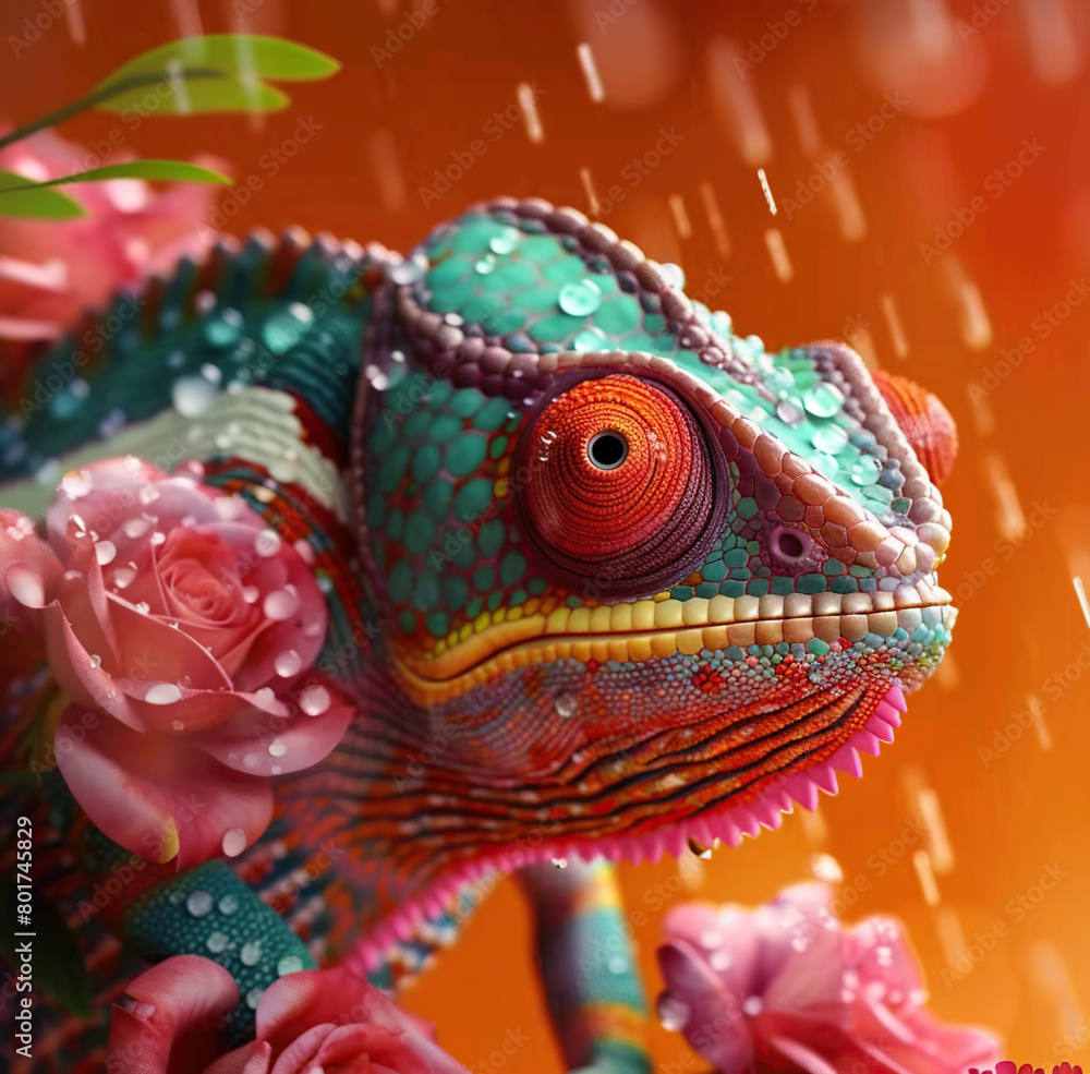 Fototapeta premium Chameleon on the flower. Beautiful extreme close-up