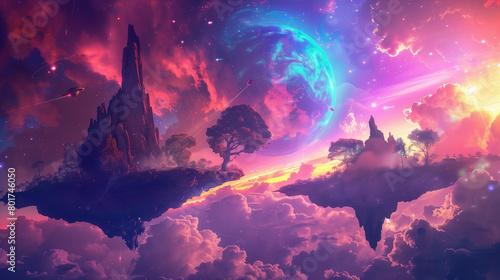 A surreal outer space landscape with floating islands, a giant nebula in the sky, and alien flora, vibrant colors