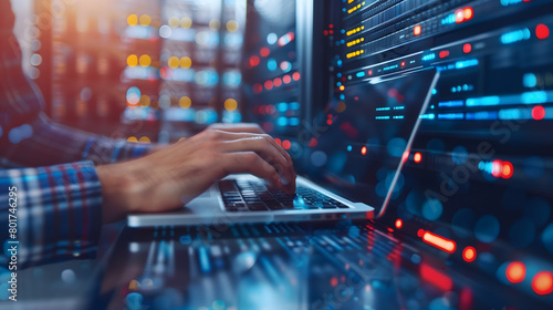 Close-up of man's hands working on laptop in server room
