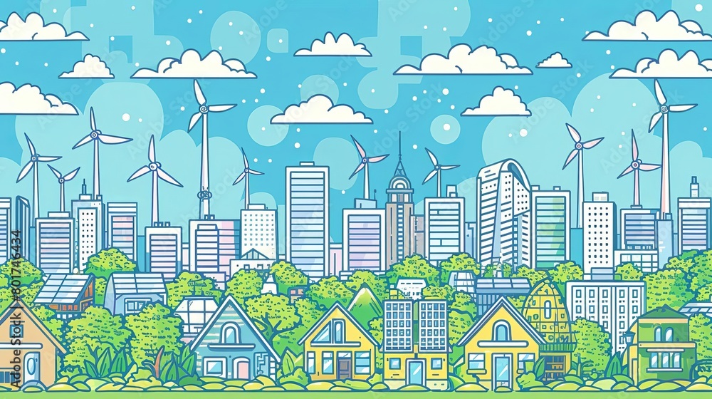Vector horizontal line art illustration of eco cityscape with ...