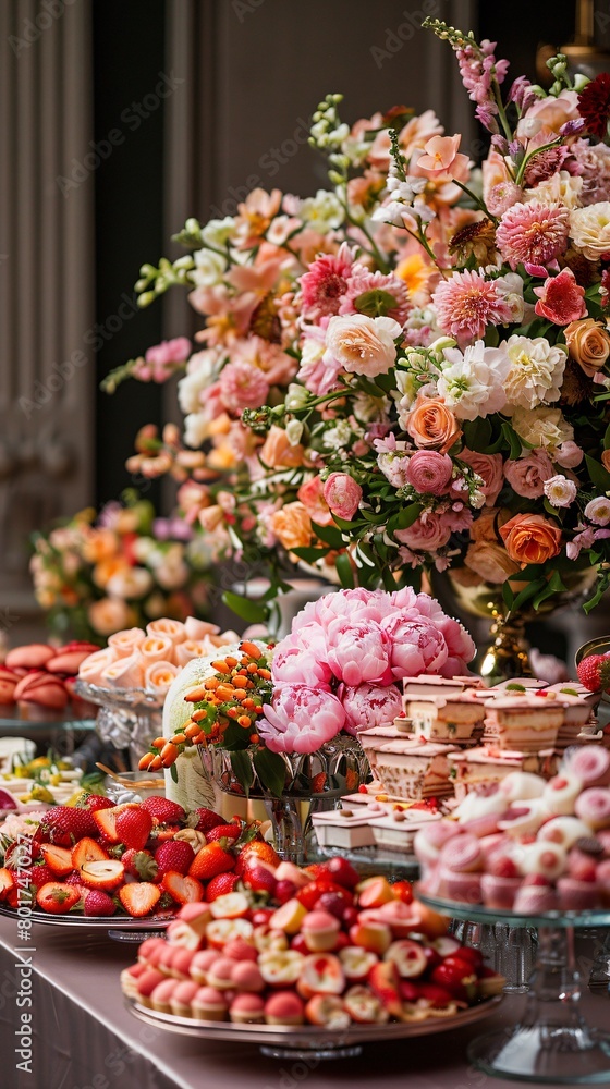 Elegant Wedding Buffet with Custom Floral Decorations, Luxury Catering Setup