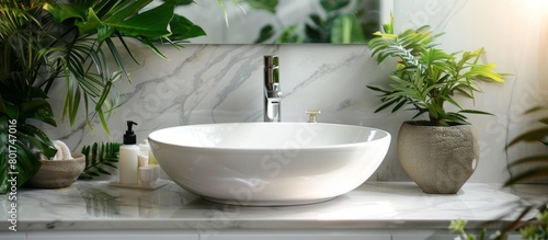 A sleek white sink is prominently positioned on a luxurious marble countertop in a modern bathroom setting