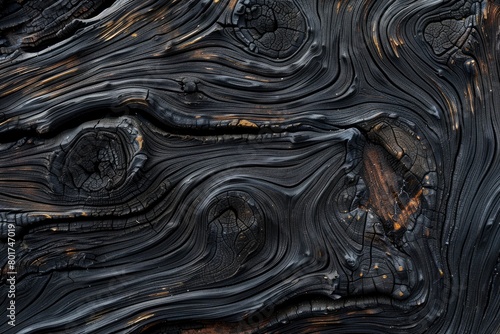 Texture of black and dark brown old wood. Charred and burnt old Board with knots. Wide burned board texture close-up, panoramic banner - generative ai © Nia™