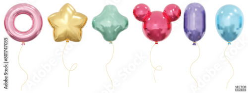 Set of realistic vector Balloons of various shapes, star, rubber ring, spheres and oval. Bunch of Helium balloons for birthday, party anniversary and wedding. 3D vector illustration.
