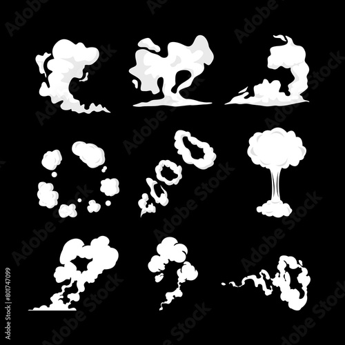 Comic smoke. Swirling clouds, puff of wind, steam, smog, dust, fog. Smoking vapors, fire smokes explosion blast cloud effect cartoon vector set. Fume trails, cigarette rings and swirls