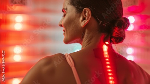 A woman using a saunas infrared heat therapy to target specific joint pain in her back providing localized relief and relaxation.. photo