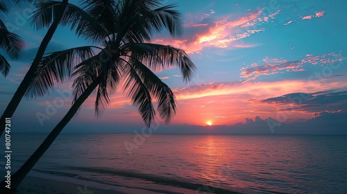 sunset over the ocean with palm trees in the foreground