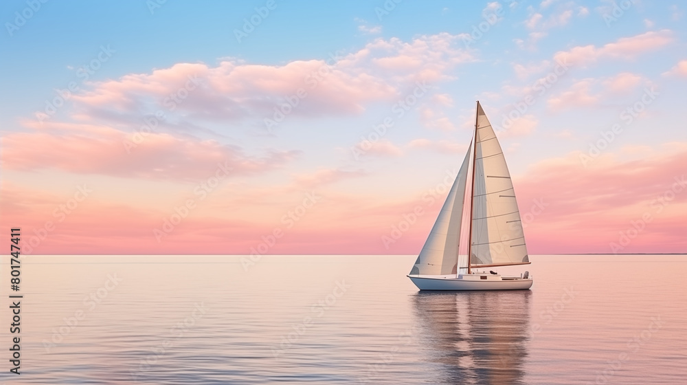 Fototapeta premium A long shot of sailing boat on clean pastel