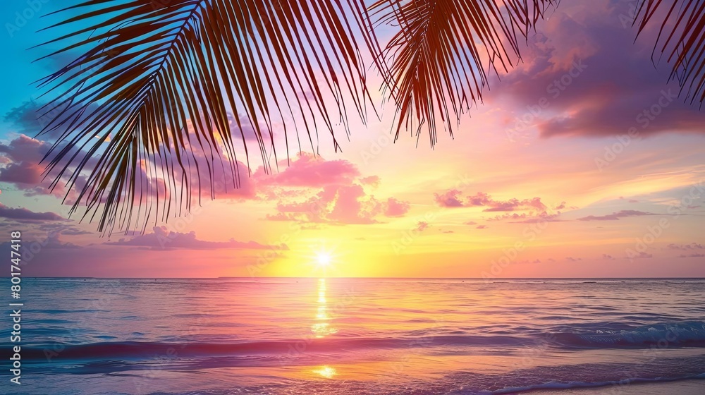 sunset over a serene beach with a palm tree and small wave in the foreground sunset over a serene beach with a palm tree and small wave in the foreground