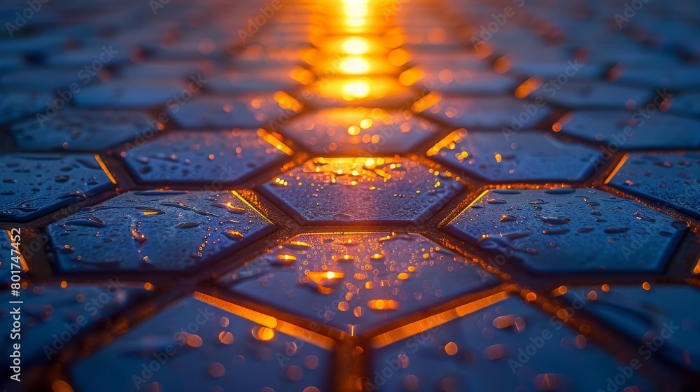 Vivid macro view of hexagonal tech surface with reflective water droplets, concept of technological innovation and nature harmony Vivid macro view of hexagonal tech surface with reflective water droplets, concept of technological innovation and nature harmony