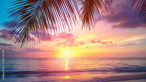 sunset over a serene beach with a palm tree and small wave in the foreground