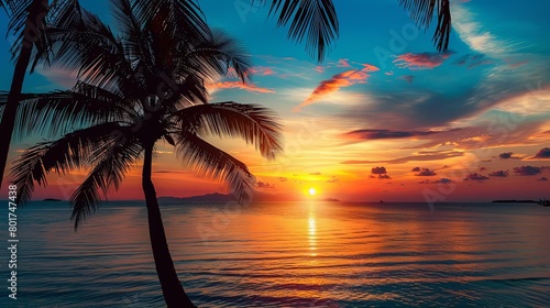 a serene sunset over calm waters with a palm tree in the foreground