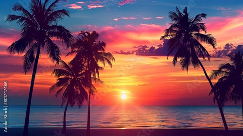 a stunning sunset over calm blue waters and a clear blue sky, with a tall palm tree in the foregrou © YOGI C