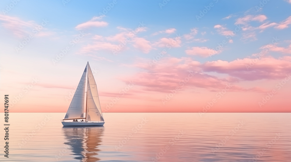 Fototapeta premium A long shot of sailing boat on clean pastel