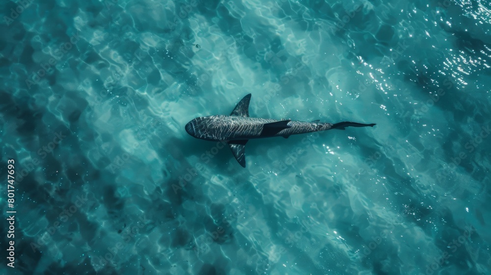 Obraz premium Ocean Majesty: Aerial Photography of a Shark Freely Swimming in Clear Waters
