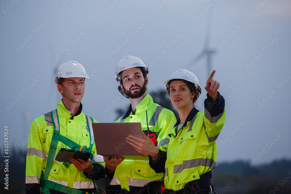 Team engineer wearing safety uniform holding laptop discussed plan about renewable energy at station energy power wind. technology protect environment reduce global warming problems. Team engineer wearing safety uniform holding laptop discussed plan about renewable energy at station energy power wind. technology protect environment reduce global warming problems.