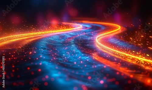 Abstract background with colorful light streaks on a dark black backdrop, with fast speed motion blur in a night city or of digital technology concept A highspeed road or speedway race background photo