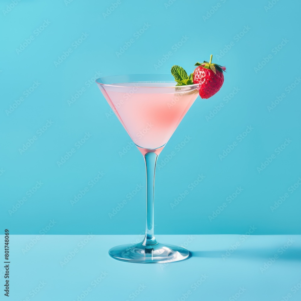 pink cocktail in glass on blue background pink cocktail in glass on blue background
