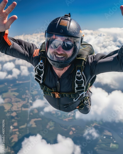 man skydiving trough clouds