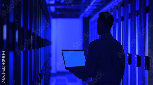 Man working on laptop in server room