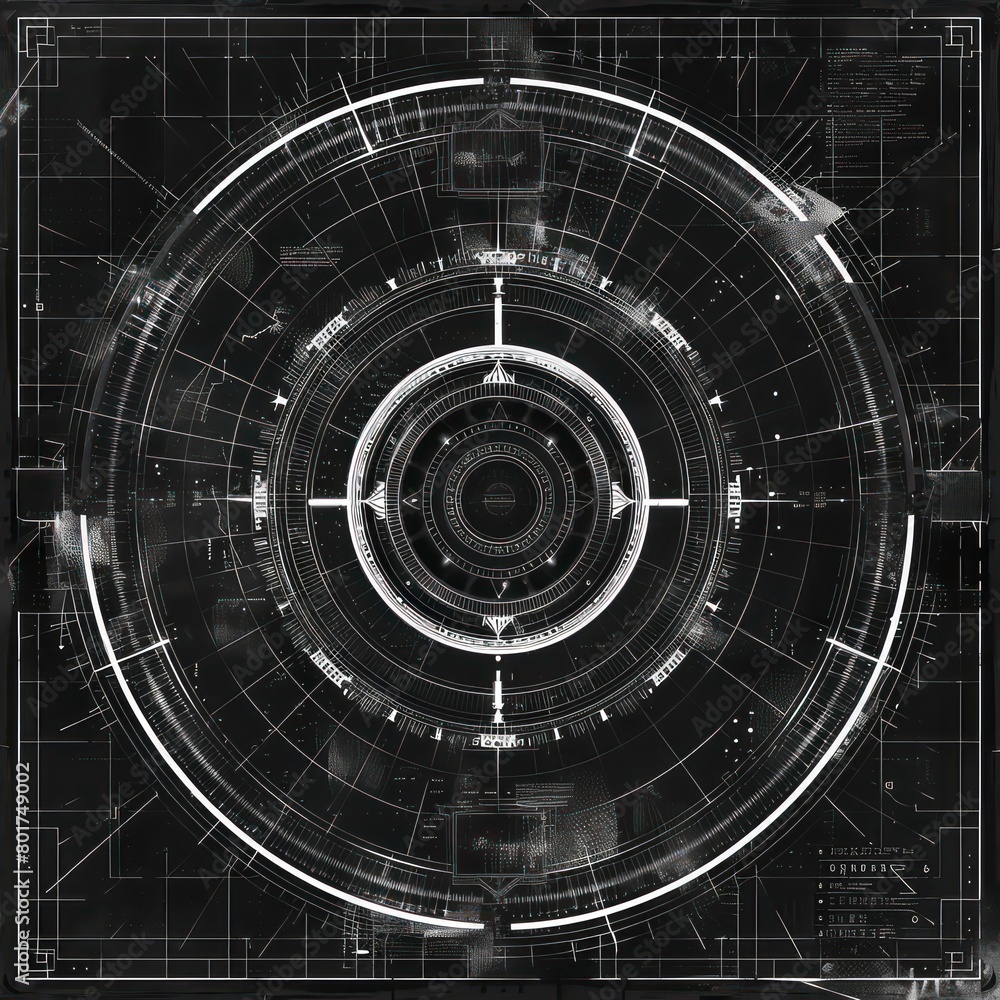 round sci-fi symbol displacement map, black and white on black background round sci-fi symbol displacement map, black and white on black background