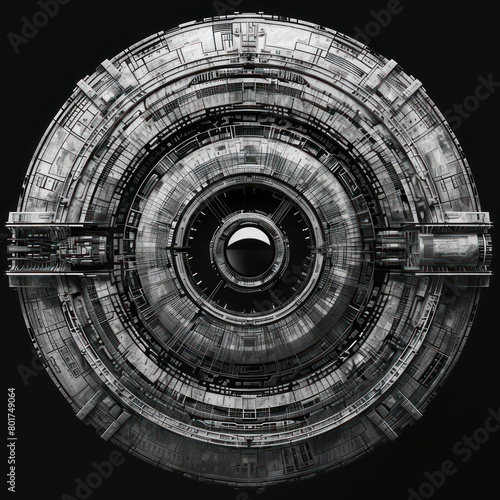 round sci-fi symbol displacement map  black and white on black background