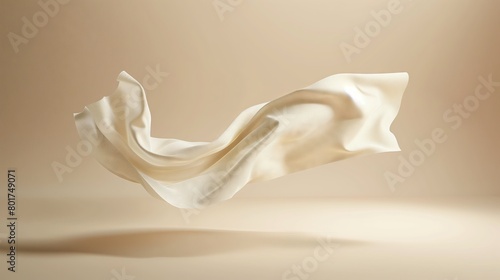 A photo of a white cloth floating in the air, the surface of the notebook cloth looks naturally soft and matte. It conveys simplicity and elegance in the product photography style.
