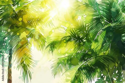 AI technology can be used to create stunning watercolor portraits of tropical palm trees in the sunlight against an abstract background.