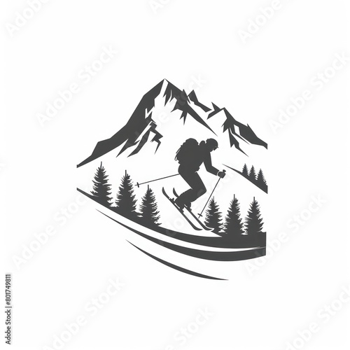 man skiing on the mountain, logo design, white background 