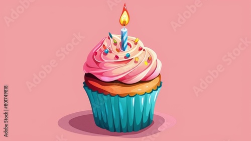 A single lit candle adorns a festive birthday cupcake